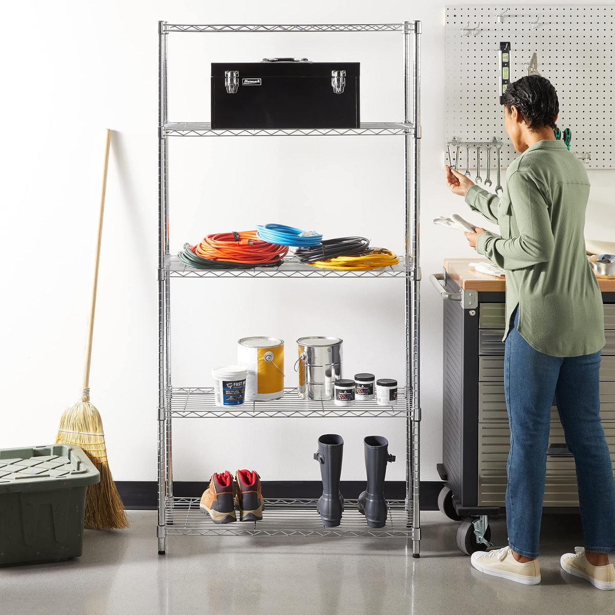 Amazon Basics 5-Shelf Tower Adjustable Storage Shelving Unit, Chrome, 16" x 16" x 54", 150 lbs Per Shelf