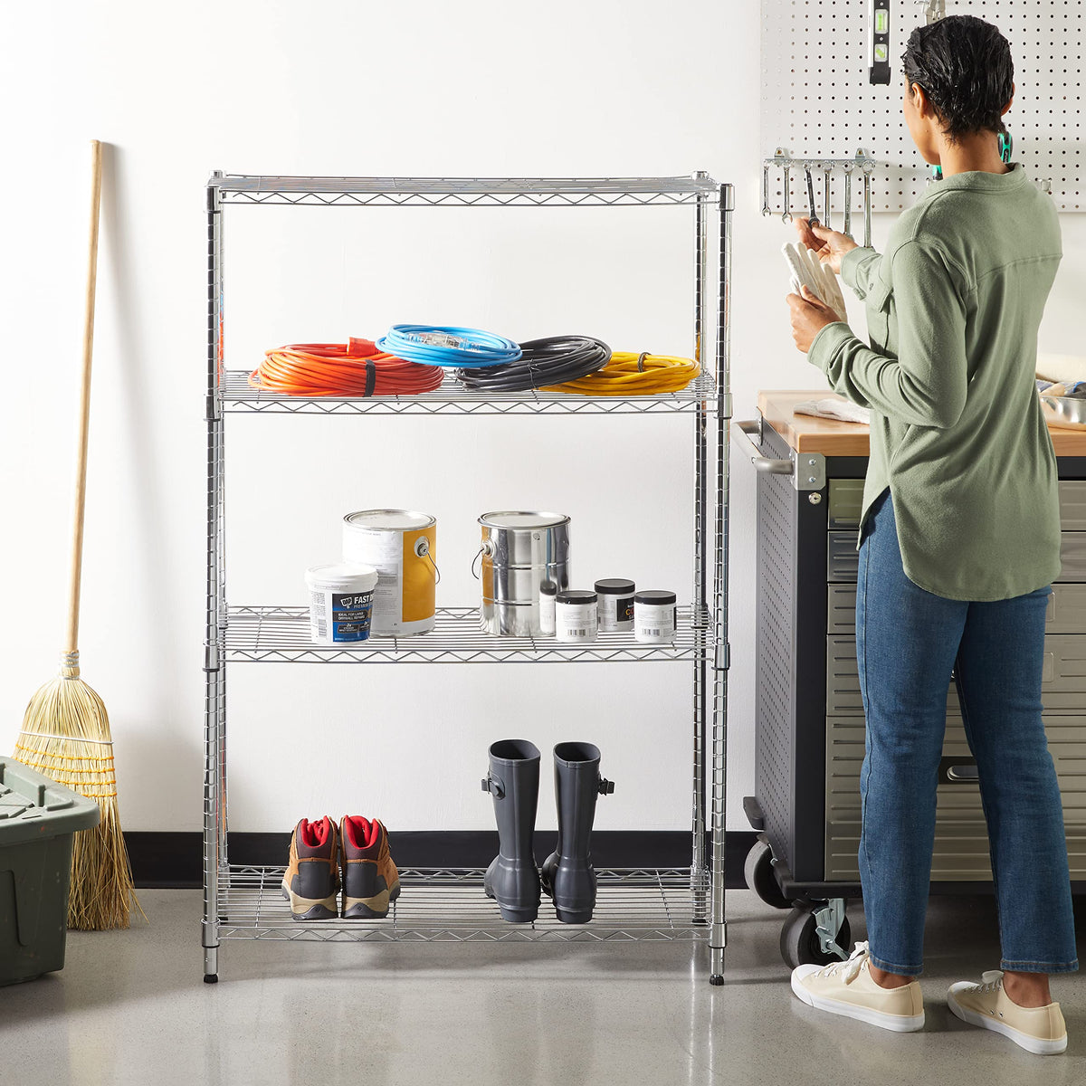 Amazon Basics 5-Shelf Tower Adjustable Storage Shelving Unit, Chrome, 16" x 16" x 54", 150 lbs Per Shelf